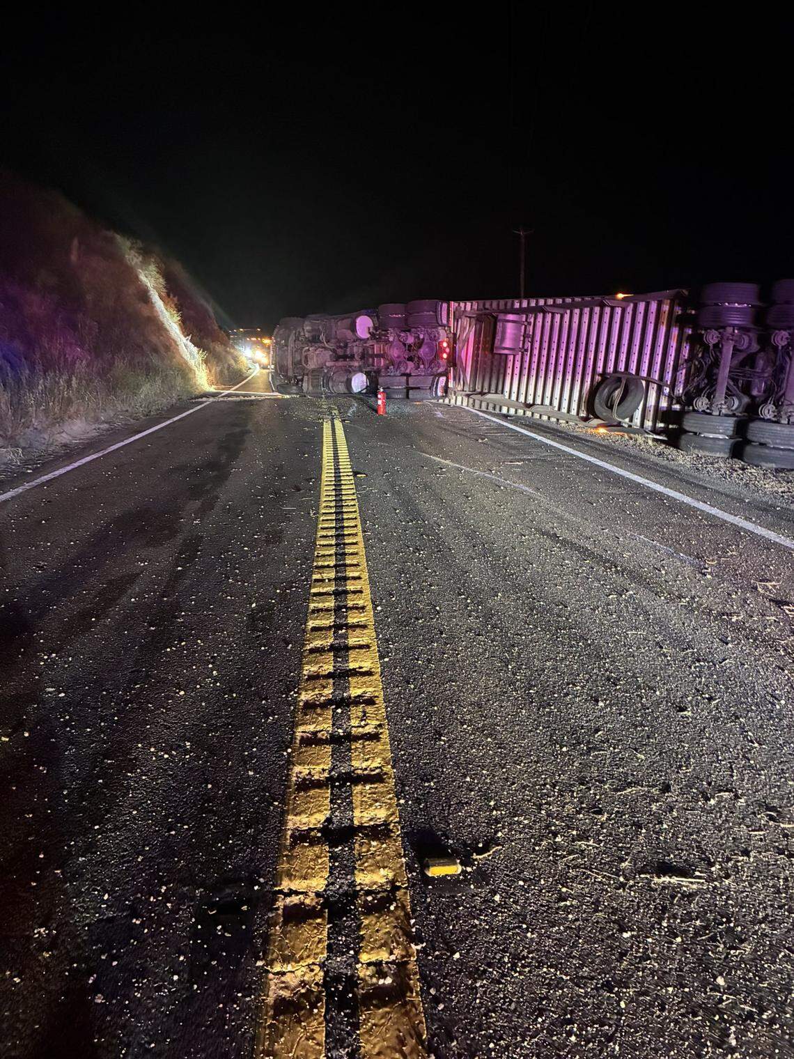 Cal Fire responded to a big rig rollover on Highway 166 near Miranda Canyon Road at around 10:42 p.m. on Tuesday, April 28, 2026.