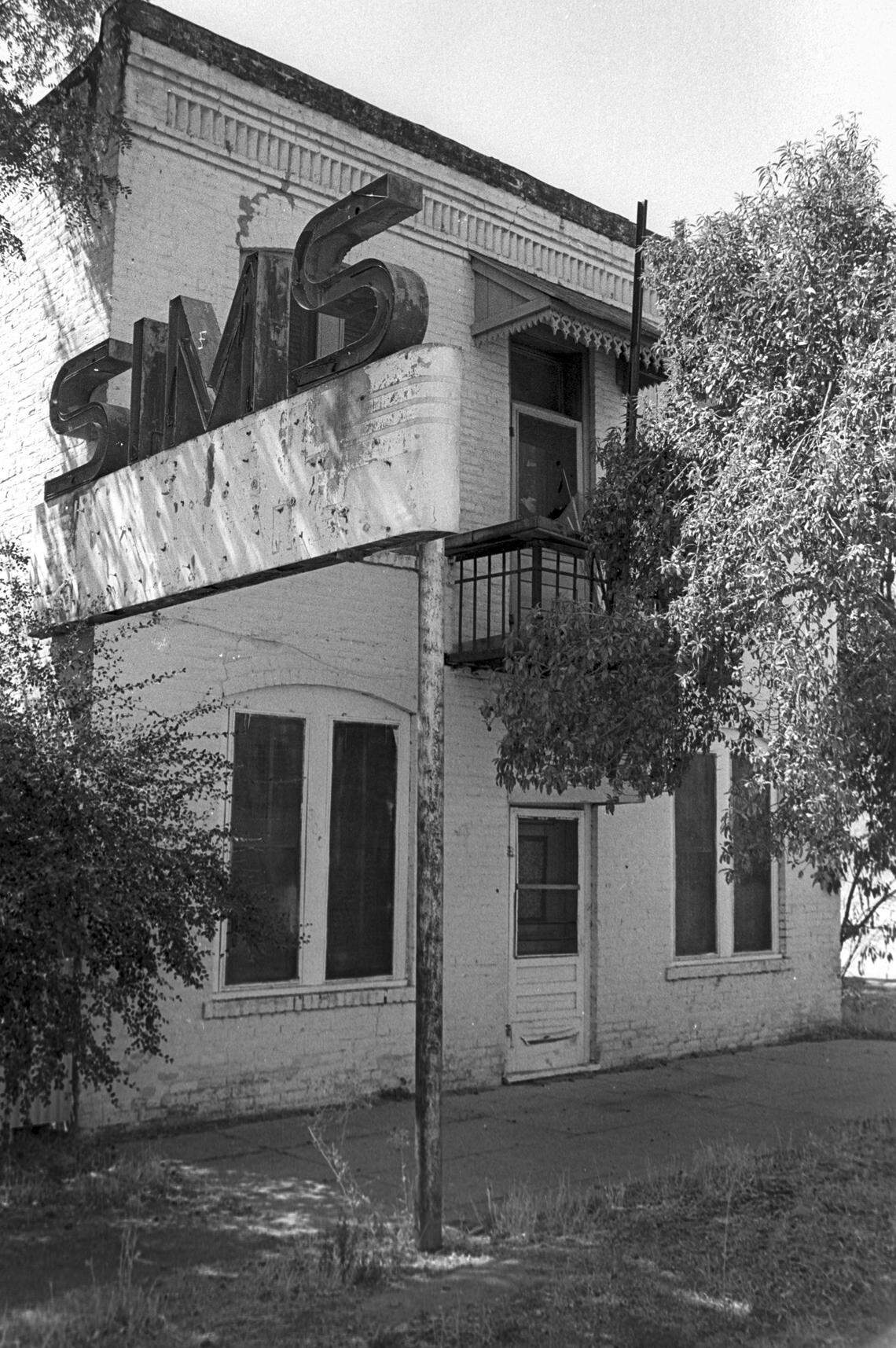 Sims Hotel was closed but still sported neon signs in San Miguel on Sept. 19, 1980.