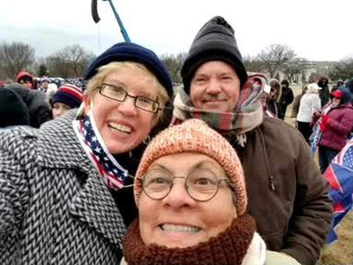 Former San Luis Obispo County District 3 supervisor candidate Stacy Korsgaden, left, and spouse Jodi Ramirez, center, at the Jan. 6, 2021, pro-Donald Trump “Save America” rally in Washington, D.C., with an unidentified man prior to the riot at the Capitol building. 