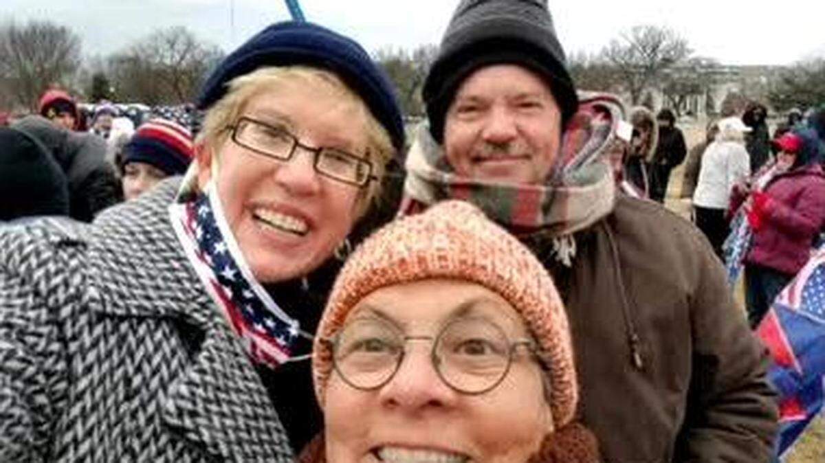 Former San Luis Obispo County District 3 supervisor candidate Stacy Korsgaden, left, and spouse Jodi Ramirez, center, take a selfie at the Jan. 6, 2021, pro-Donald Trump “Stop the Steal” rally in Washington, D.C., with an unidentified man prior to the riot at the Capitol building.