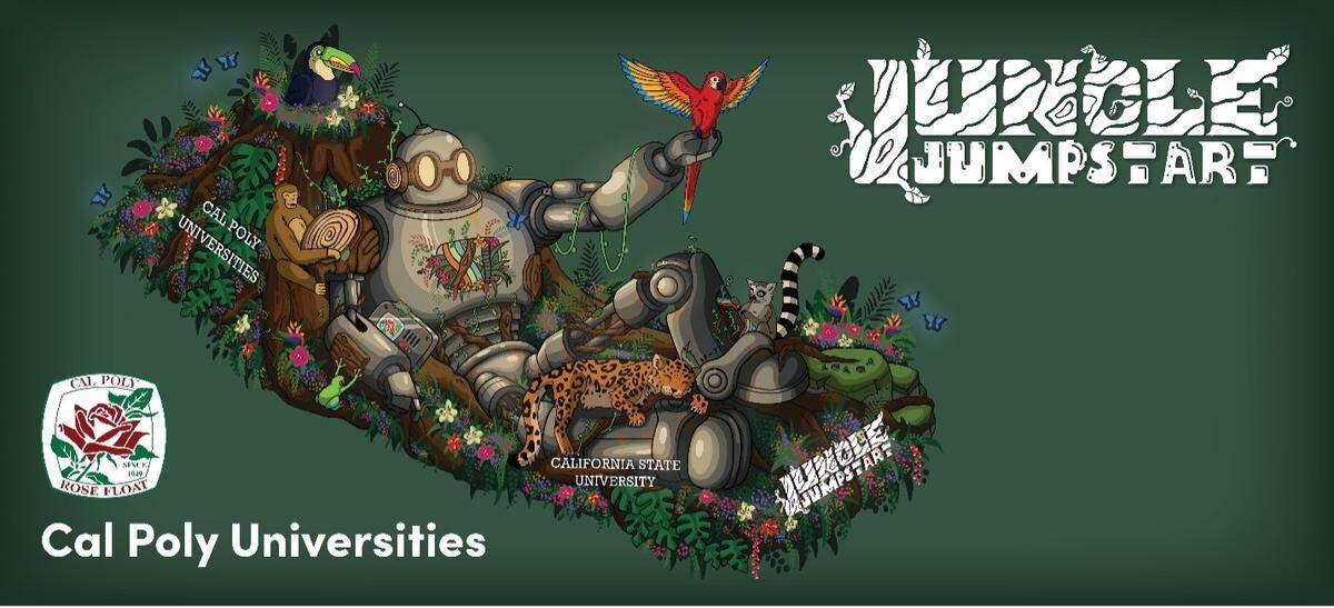 Cal Poly SLO and Pomona’s 2026 Rose Parade design depicts a crew of jungle animals fixing a fallen robot friend. The float is meant to convey harmony between nature and technology, and inspire audiences with its message of collaboration.
