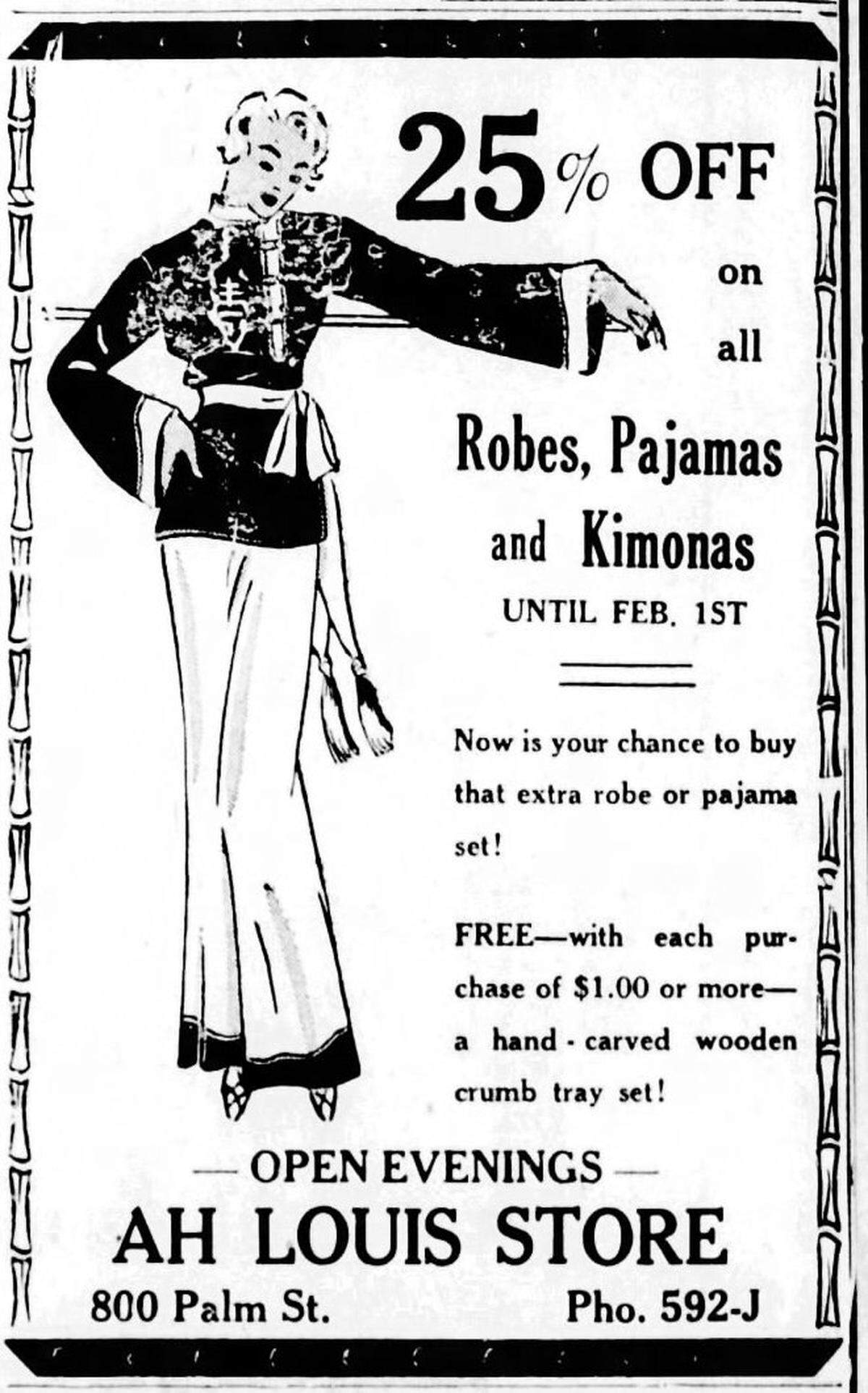 When Asian fashion was a popular trend, the Ah Louis store carried the authentic article, as seen in this Daily Telegram ad from 1937.