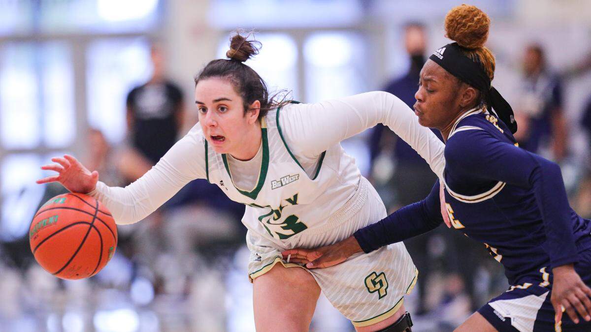 Maddie Vick drives as Cal Poly women’s basketball team played UC Irvine.