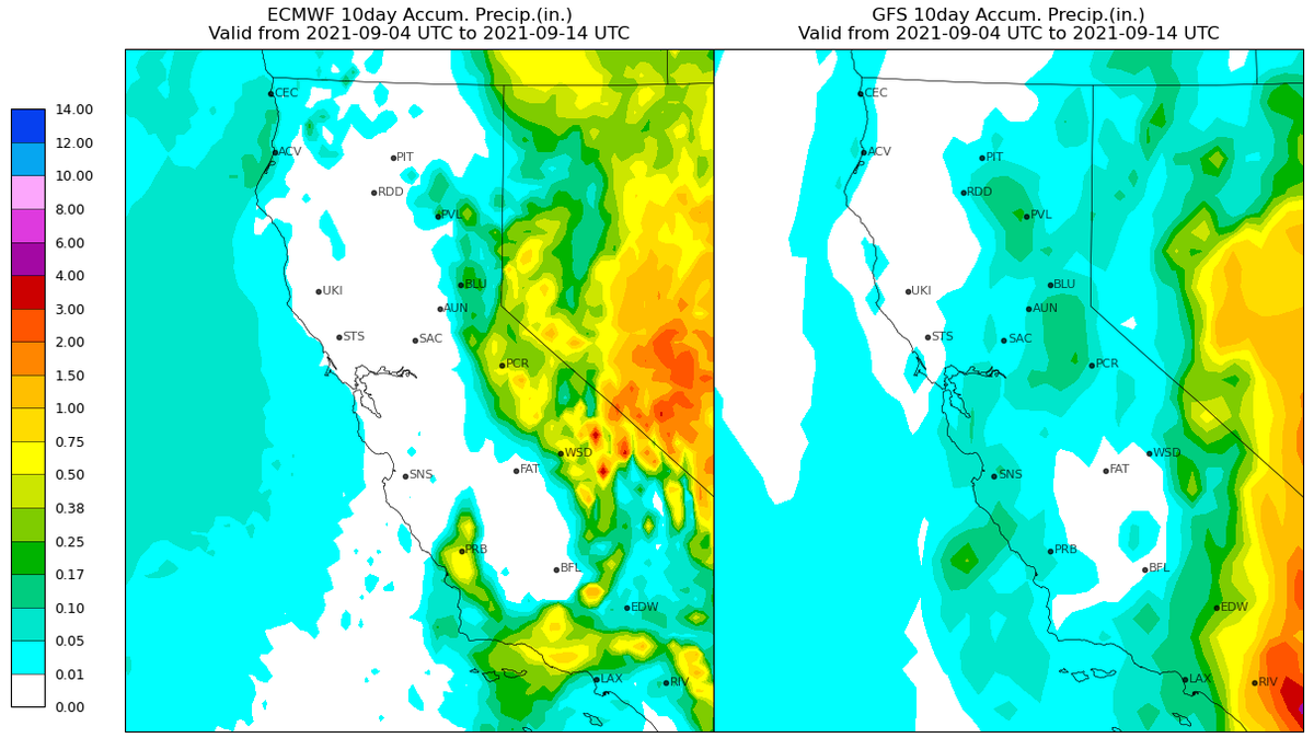 The total expected rainfall amounts on Thursday into Friday. The European Centre for Medium-Range Weather Forecasts (ECMWF) indicates up to 0.75 of an inch of rain, while the Global Forecast System (GFS) shows less rain at 0.10 of an inch.