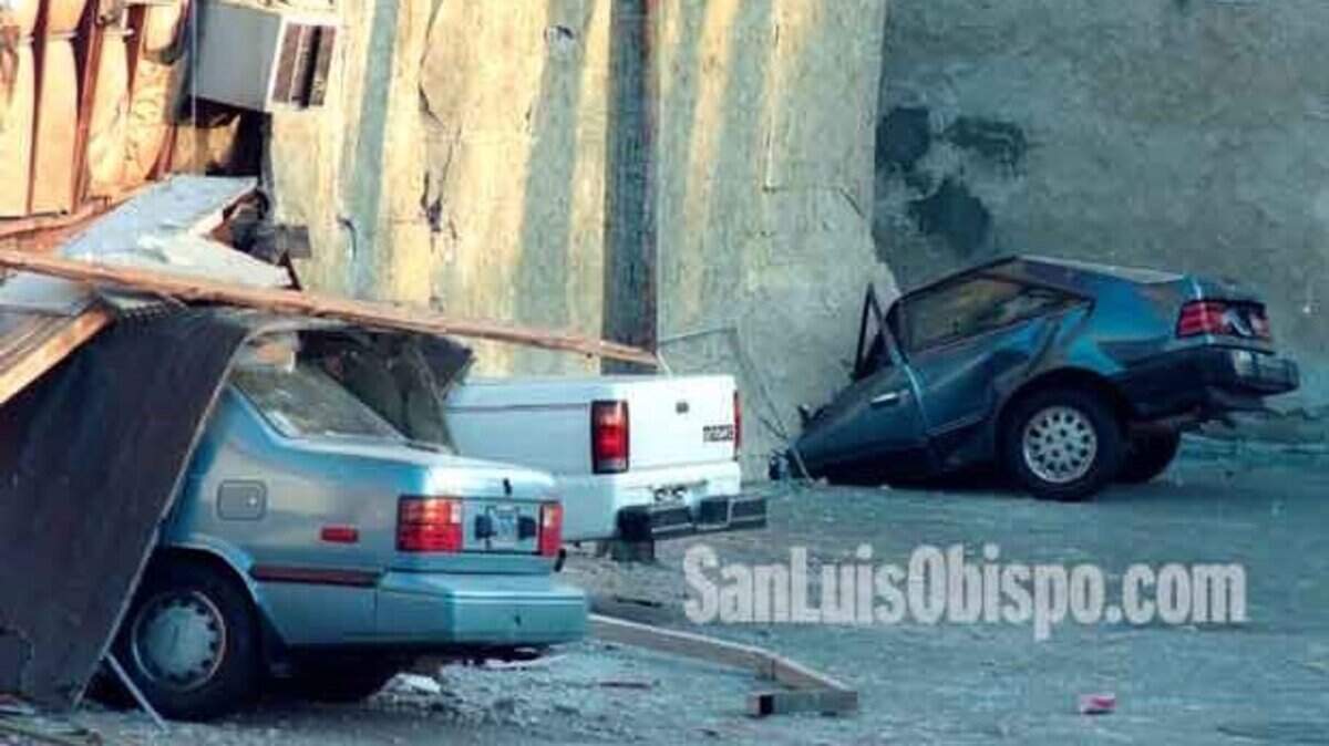 The garage area of a Northridge apartment building disappeared when supports gave way and the structure collapsed, crushing the cars parked below. Residents reported no one was injured at the complex, located on Plummer Street a half-block from Reseda Boulevard.
©Telegram-Tribune/Robert Dyer