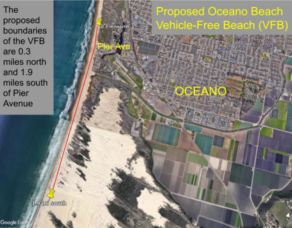 Surfrider proposed a vehicle ban on a stretch of the Oceano Dunes that would start at 0.3 miles north of Pier Avenue and end 1.9 miles south of Pier Avenue at Pole 4.