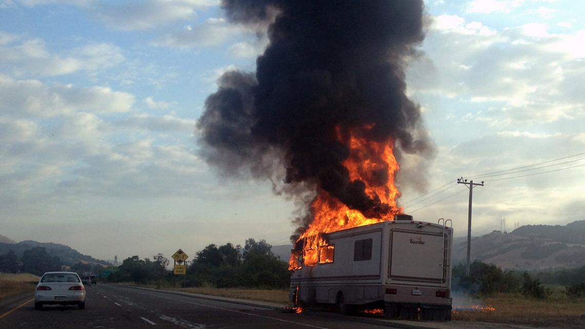 An RV caught fire Wednesday morning on northbound Highway 101 south of San Luis Obispo.