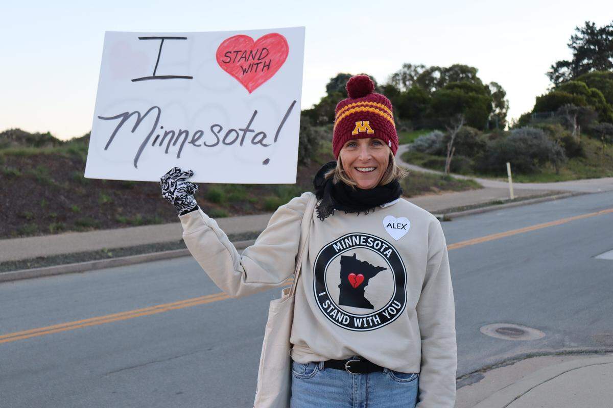 Susan Kingsbury, originally from Minnesota, attended a Los Osos vigil for Alex Pretti on Jan. 26, 2026. Pretti is the second person killed by federal immigration officers in Minneapolis in a month.