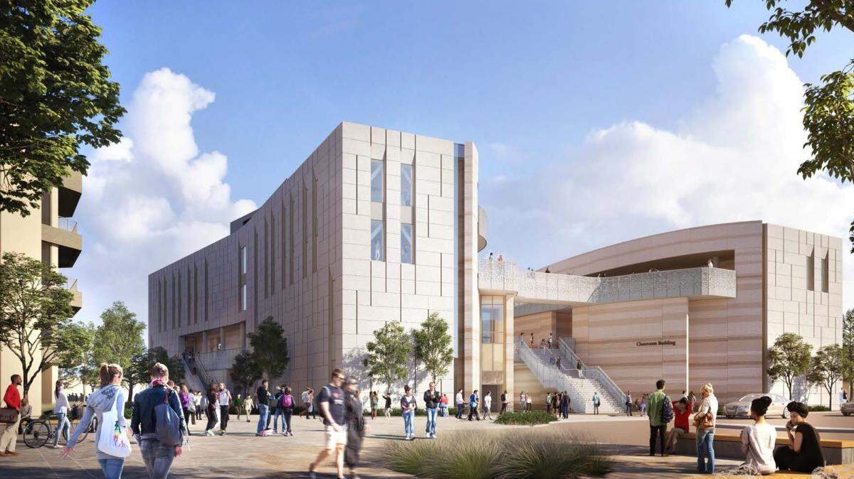The classroom building project at UC Santa Barbara, depicted in this artist’s rendering, will be constructed in the heart of campus, south of and adjacent to Davidson Library and the Bioengineering Building, and north of and adjacent to the Psychology Building.