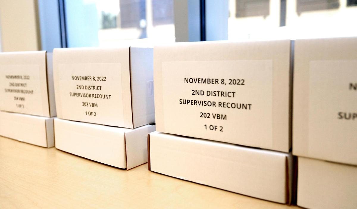 Boxes hold ballots in an auxiliary room at the Katcho Achadjian Government Center on Tuesday, Dec. 20, 2022 as the recount of the District 2 supervisor race proceeded.