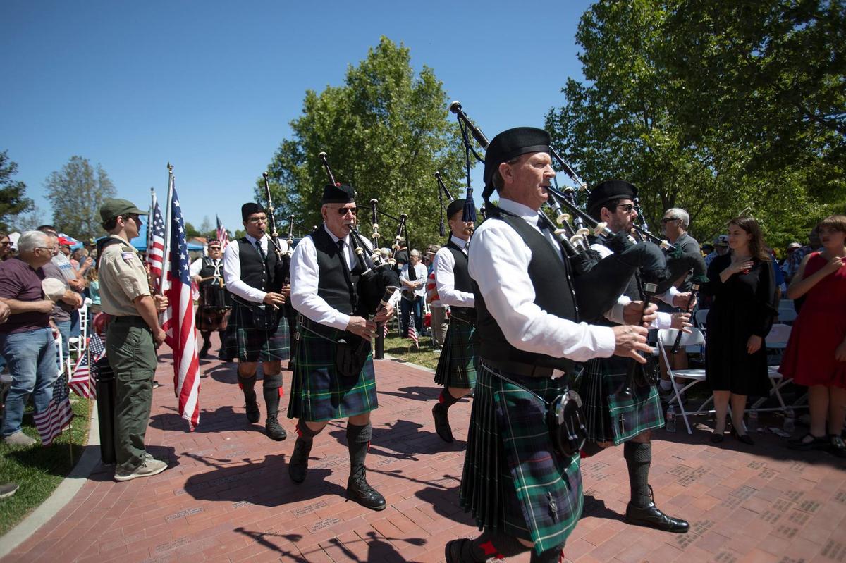 The Central Coast Pipes and Drums bagpipe band began the 16th annual Memorial Day Ceremony at the Faces of Freedom Memorial in Atascadero with a solemn march on May 27, 2024.
