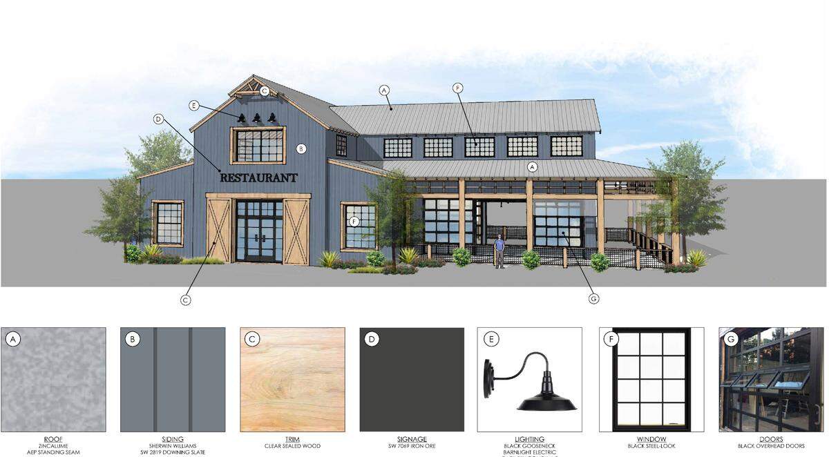 A rendering shows the proposed design for a restaurant space at San Luis Ranch. The Agricultural Heritage and Learning Center will feature restaurants and shops, a public museum, and an organic farm.