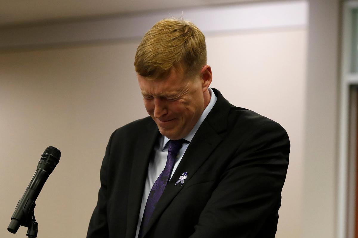 Patrick Stewart, the husband of Kristin Smart’s sister Lindsey, gives a statement before Paul Flores was sentenced to 25 years to life in prison, at Monterey County Superior Court in Salinas on March 10, 2023.