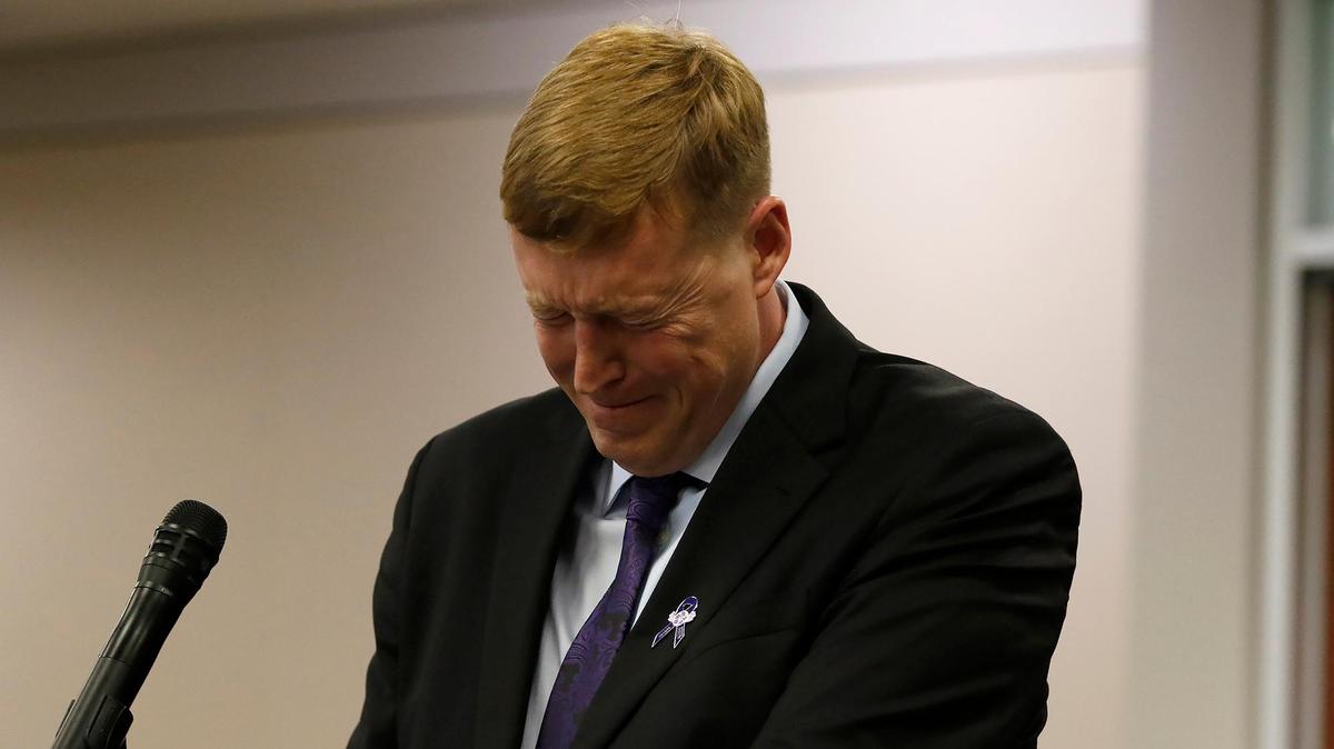 Patrick Stewart, the husband of Kristin Smart’s sister Lindsey, gives a statement before Paul Flores was sentenced to 25 years to life in prison, at Monterey County Superior Court in Salinas on March 10, 2023.