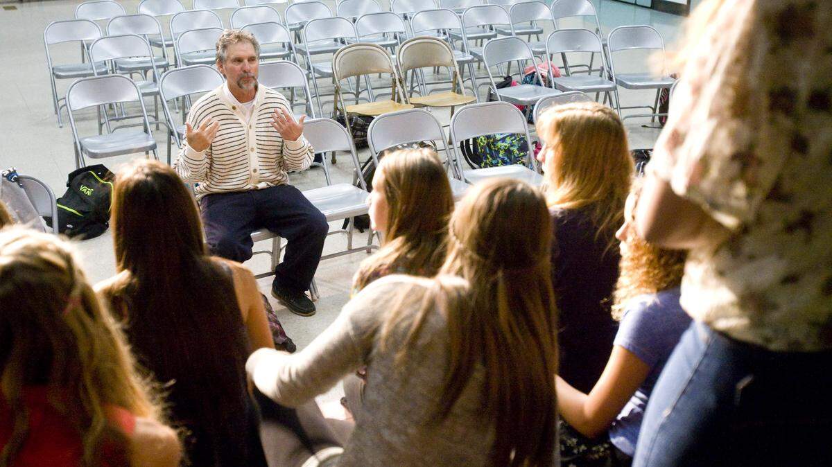 Teacher Mike Liebo collects notes for improvement from students on the rehearsal of "One Deadly Night" at Paulding Middle School in Arroyo Grande.