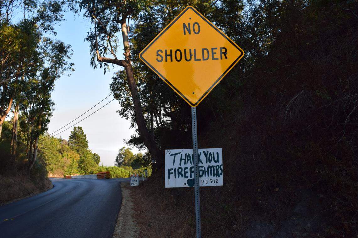 Signs decorate roadways in the Big Sur area, thanking firefighters for their efforts battling the Dolan Fire and nearby River and Carmel fires.
