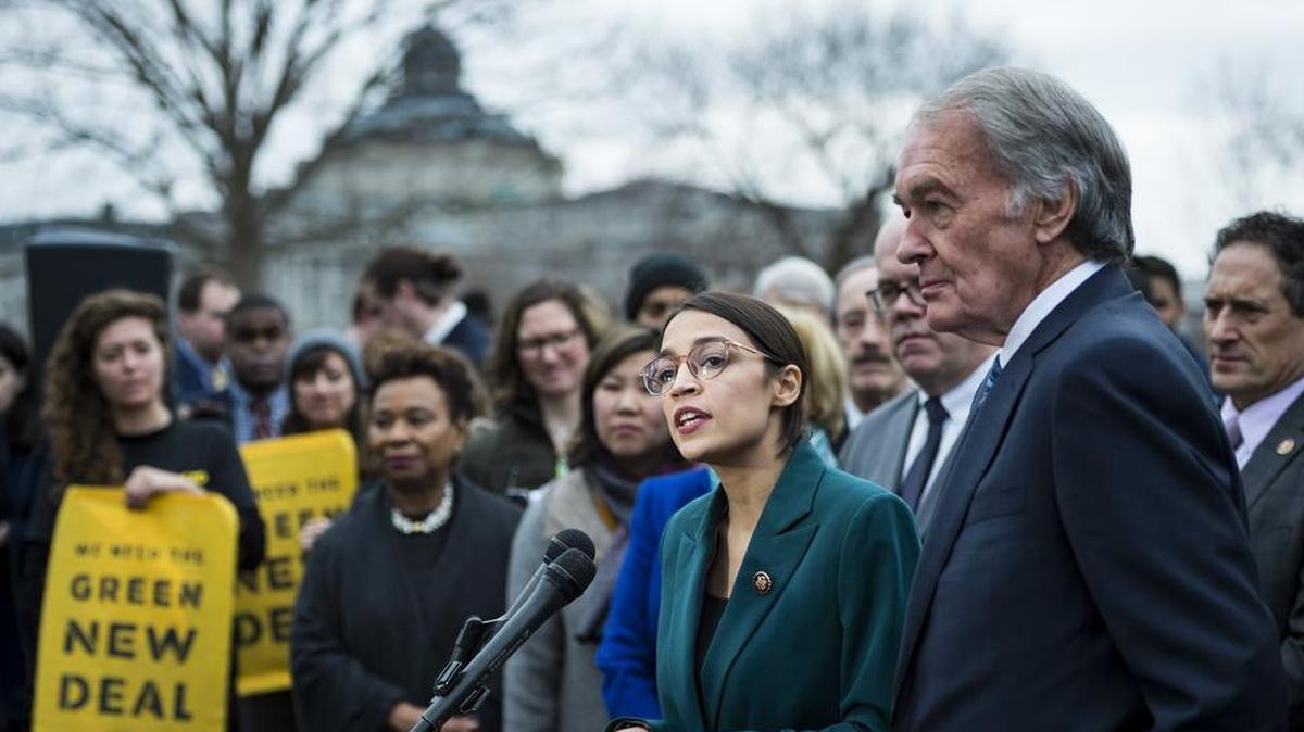 Rep. Alexandria Ocasio-Cortez (D-N.Y.) speaks alongside Sen. Ed Markey (D-Mass.) at a news conference about the Green New Deal on Feb. 7, 2019 in Washington, D.C.