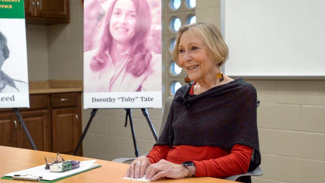Priscilla Tate, sister of Dorothy "Toby" Tate, speaks to the media at a press conference announcing the closing of a four-decade-old cold case surrounding her sister's murder on Tuesday, Jan. 20, 2026. Toby Tate was found fatally shot in a van parked along Highway 1 on Nov. 15, 1983.