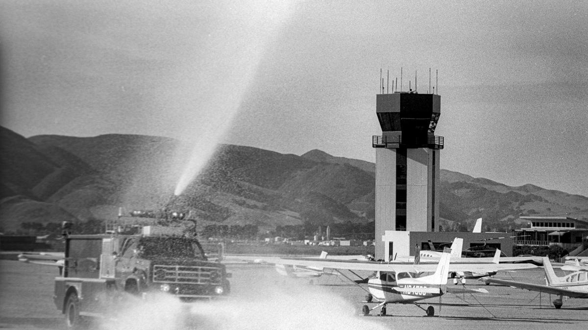 The San Luis Obispo County Regional Airport Fire Station demonstrated what was a new technology Jan. 8, 1988: a $200,000 foam spraying fire truck. At the time it was called the Department of Forestry-County Fire station at McChesney Field. The equipment was said to be able to arrive within two minutes and begin dousing fire before it parked with push button controls inside the cab.