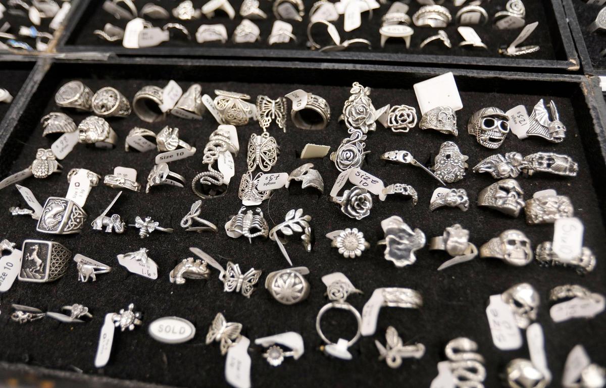 Super Silver in downtown San Luis Obispo has reopened under new management after the death of its founder in September 2024. A display of silver rings and trinkets. 