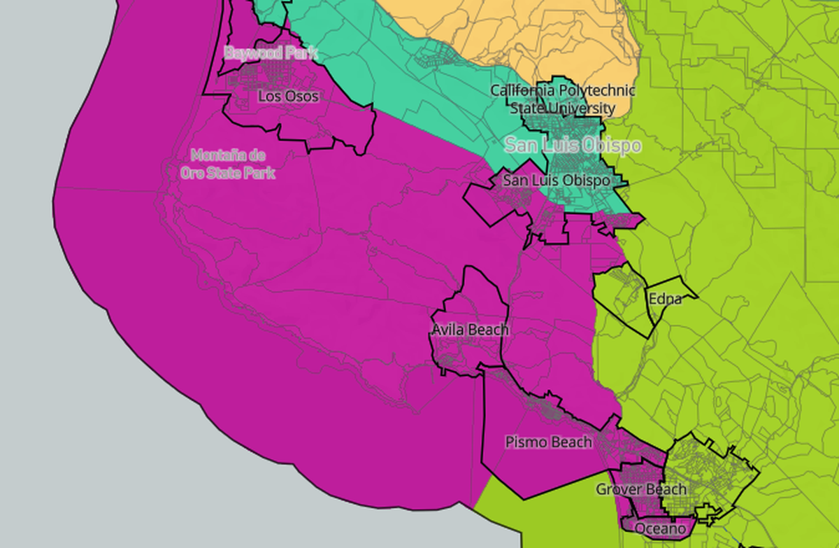 In this view of the Patten map, the district in purple (the apparent new Distirct 5) runs from the edge of Morro Bay State Park to Oceano, with parts of southern San Luis Obispo as well. It unites communities that are not commonly associated with each other, binding Los Osos on the North Coast to Pismo Beach, Grover Beach and Oceano in the South County.