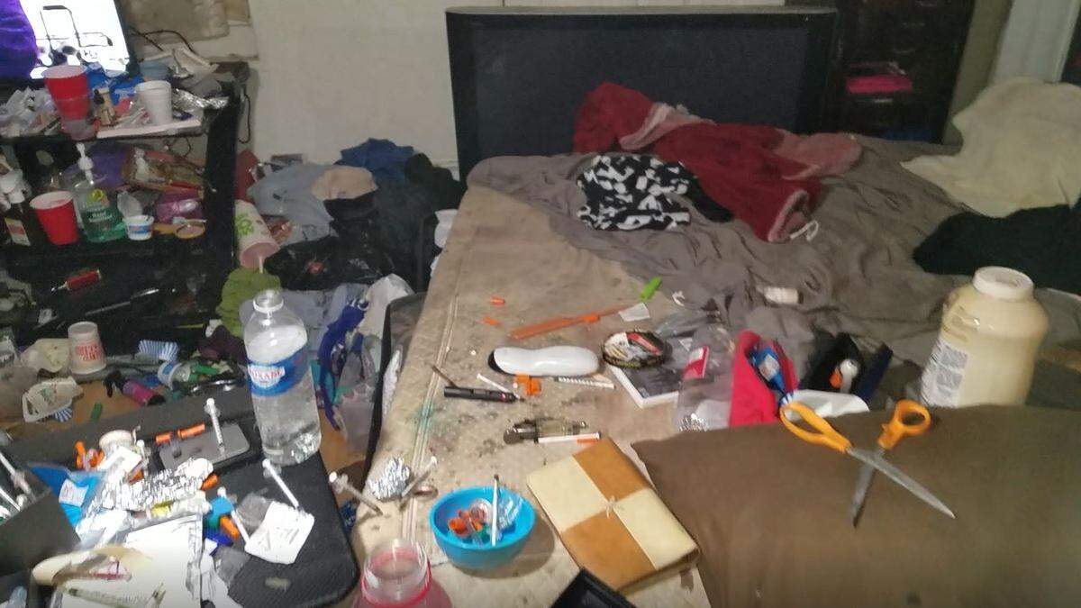 A screenshot from a video taken by San Luis Obispo police Sgt. Jason Dickel on July 10, 2019, during a search of Cheyne Orndoff and Vanessa Bedroni’s home on O’Connor Way. The couple were arrested on suspicion of child endangerment during the unrelated search for the police chief’s missing gun. They entered pleas of no contest in the case on Tuesday.