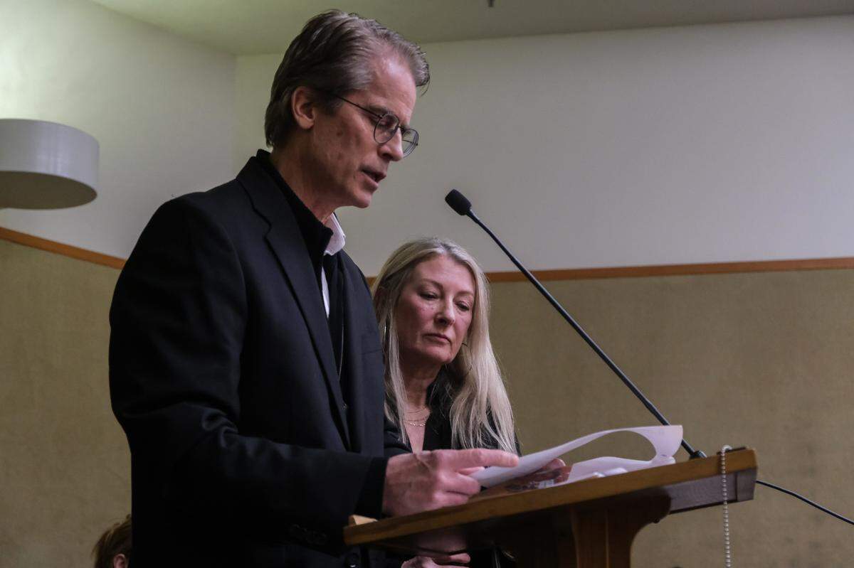 Keith Hall, left, and his wife, Tracy Hall, give victim impact statements during Brandi Turner’s sentencing hearing on March 29, 2024. Turner pleaded no contest to voluntary manslaughter after admitting to selling the fentanyl to their son, Quinn Hall, that caused his overdose death on Oct. 26, 2022.
