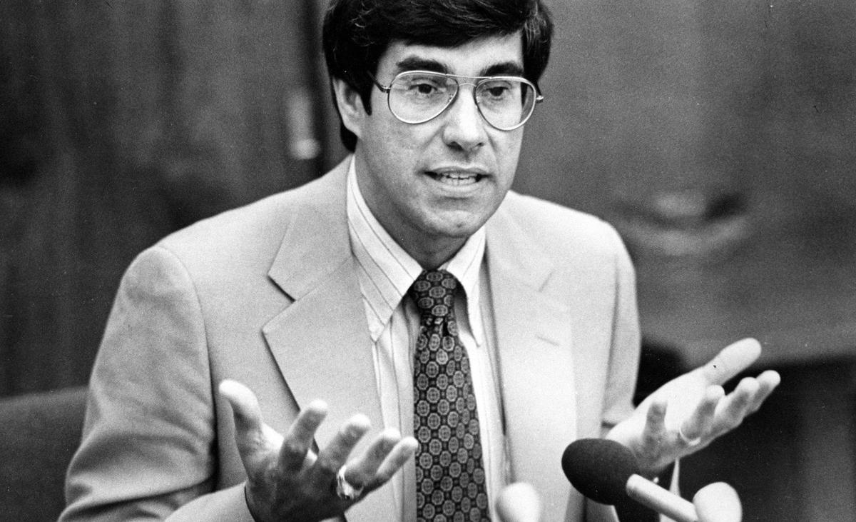 Warren J. Baker meets the press the second day on he job as Cal Poly President Aug. 21, 1979. He was the youngest CSU President at age 40.