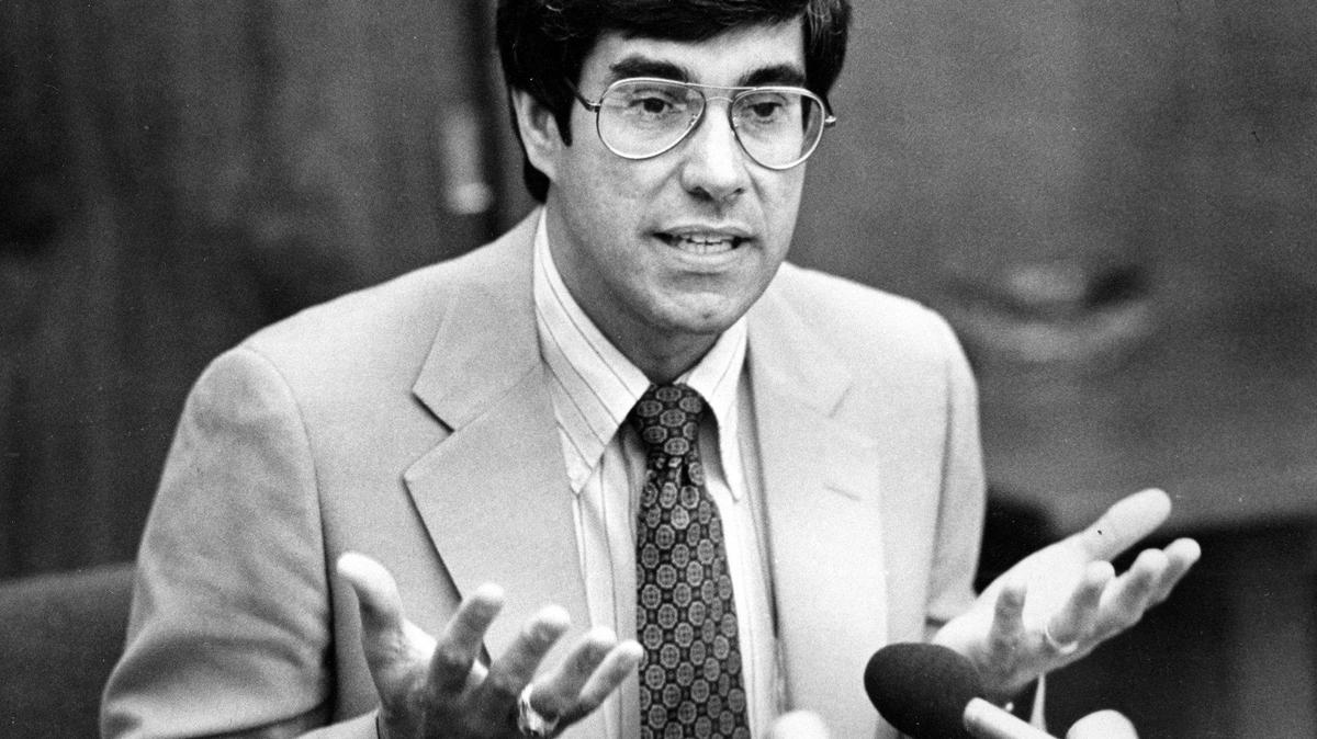 Warren J. Baker meets the press the second day on the job as Cal Poly President Aug. 21, 1979. He was the youngest president in the California State University at age 40.