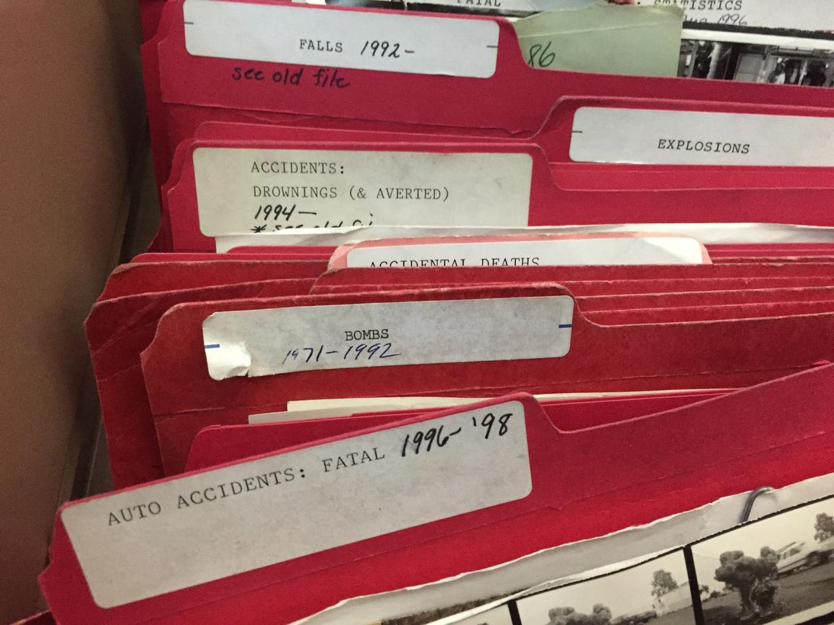 Thousands of crime and accident clippings dating back to the 1970s were painstakingly filed in the Tribune library.