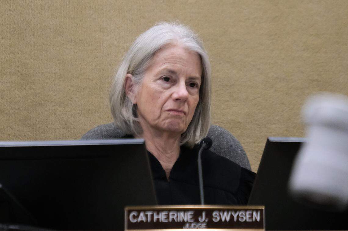San Luis Obispo Superior Court Judge Catherine Swysen listens to evidence during Cal Poly student Charles Hojaboom’s preliminary hearing in San Luis Obispo Superior Court on Feb. 3, 2025. She ruled there was enough evidence for Hojaboom to face trial after he allegedly shot guns on Cal Poly’s campus multiple times.