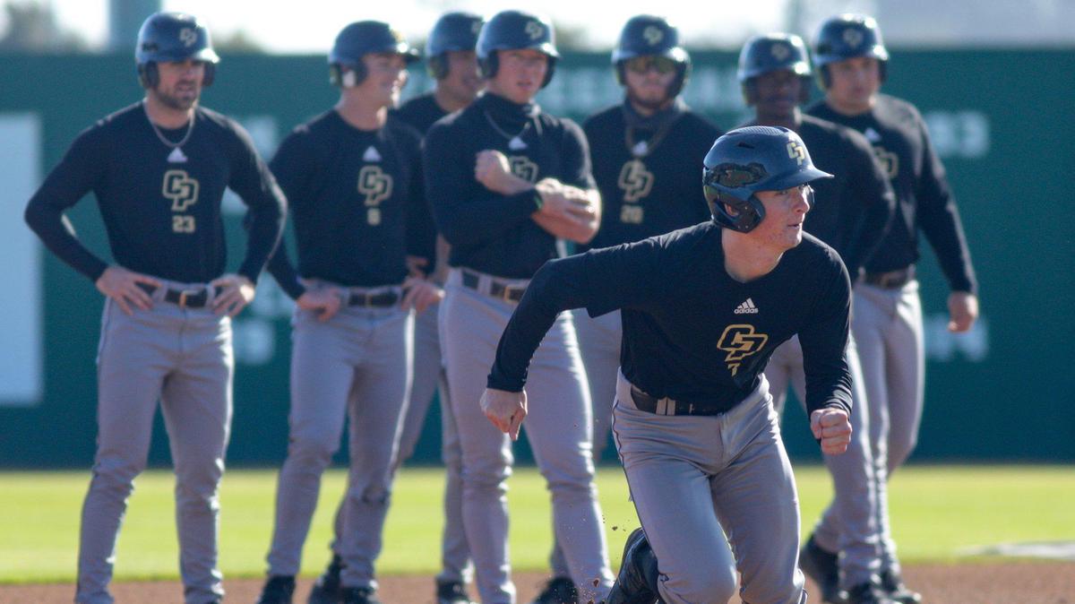 Ryan Stafford runs a drill as the Cal Poly baseball team practices on Feb. 14, 2023, before opening the baseball season against Missouri State.