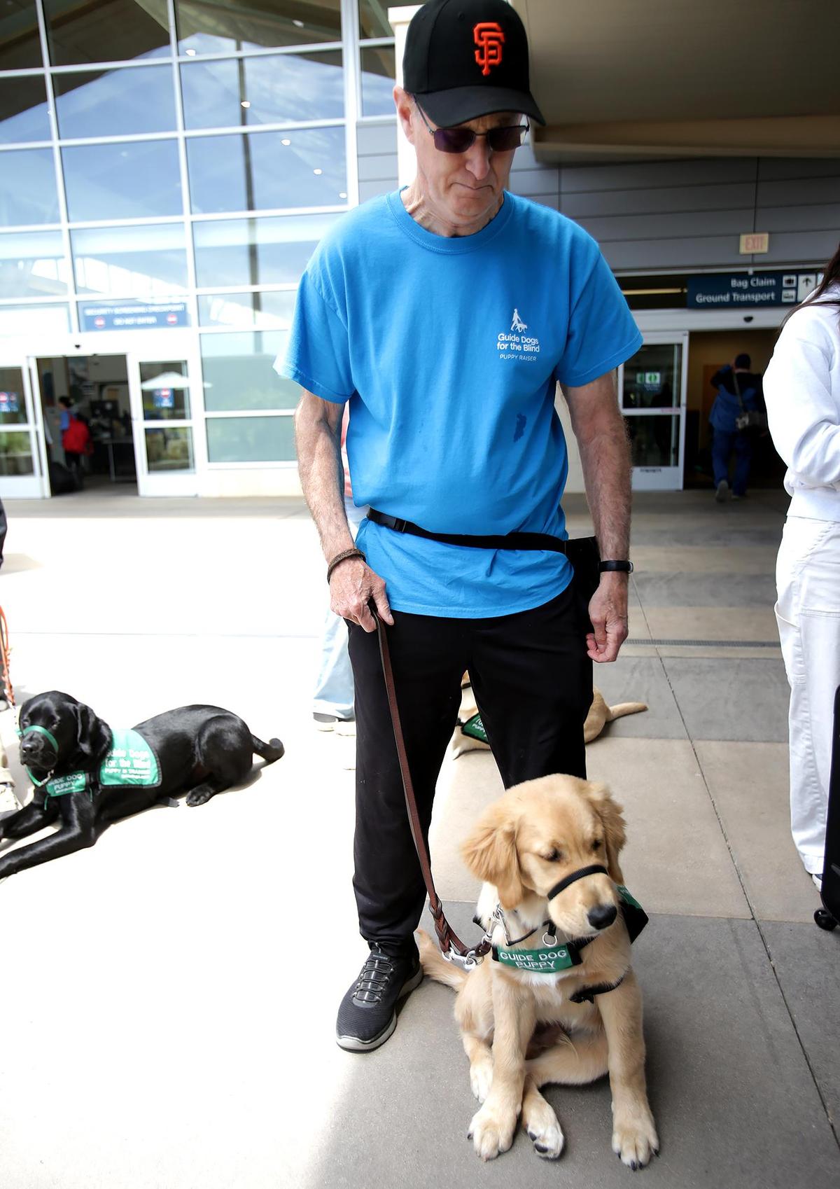 Mark Hurley of Salinas Guide Dogs for the Blind sits with his golden retriever Lewis waiting to board an Alaska Airlines jet during a training exercise at San Luis Obispo County Regional Airport on May 3, 2025.