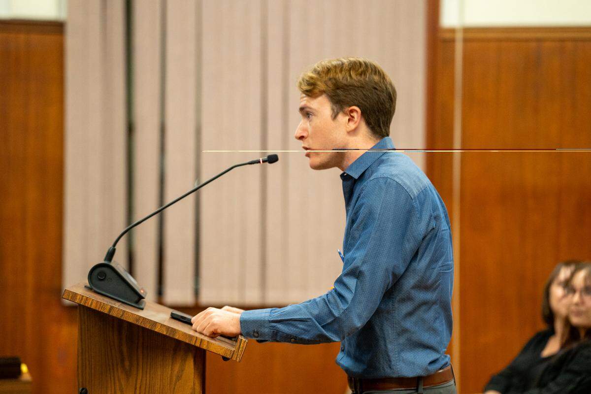 San Luis Obispo Tenants Union co-founder Tyler Coari speaks to the San Luis Obispo City Council during a Tuesday, Oct. 28, 2025 meeting. The city discussed rolling out new renter protections as part of a study session on the topic.