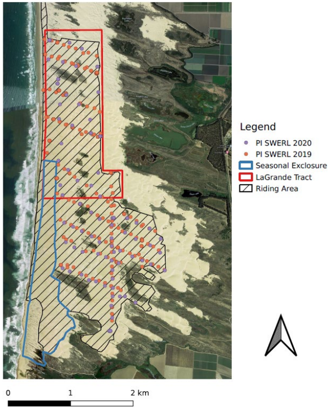 This map shows where Desert Research Institute researchers took emissions measurements in the La Grande Tract at Oceano Dunes State Vehicular Recreation Area while the park was closed to OHV use in 2020.