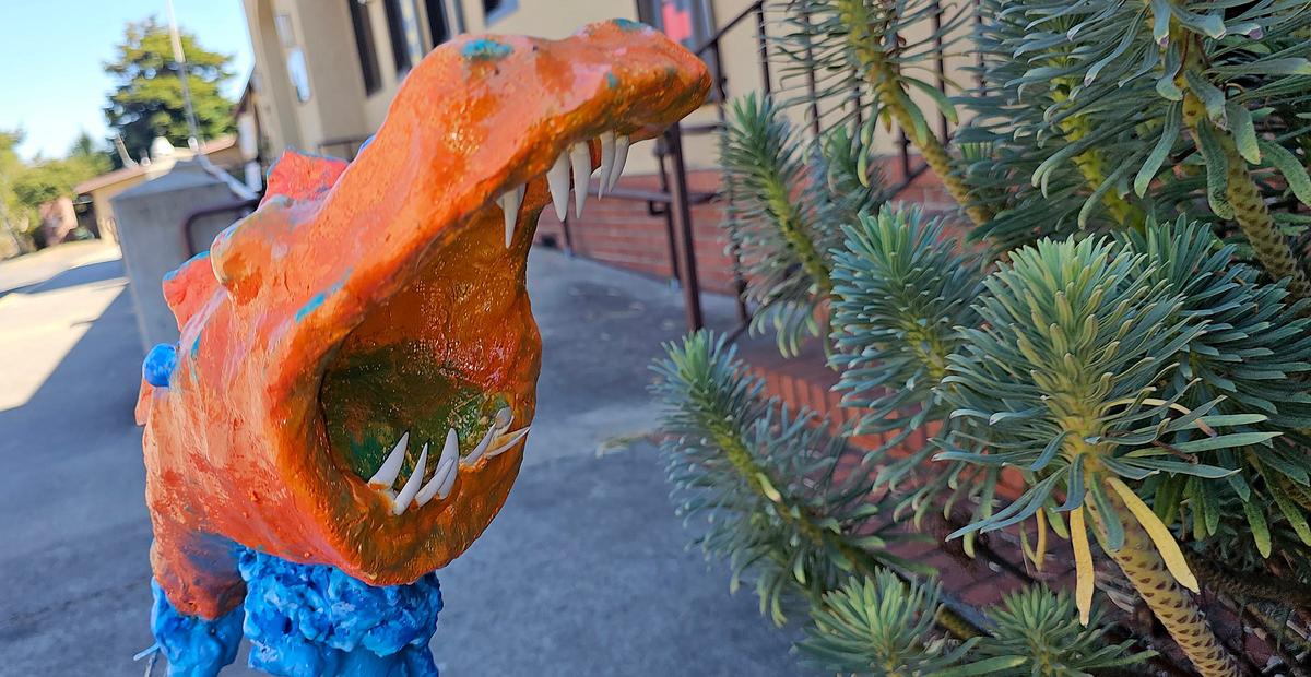 Cambria’s Scarecrow Festival is back. It runs the entire month of October. Whimsical alien scarecrow sculptures in front of Cambria Center for the Arts