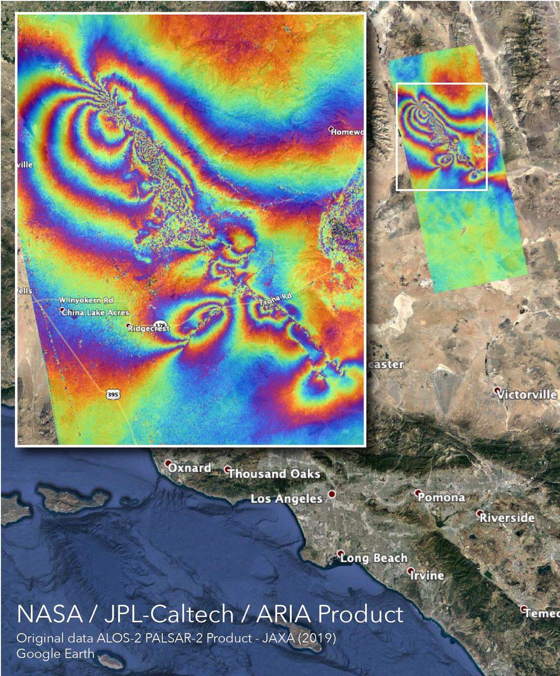 This map, created using radar, shows surface displacement caused by the pair of earthquakes that struck near Ridgefield on July 4 and July 5.