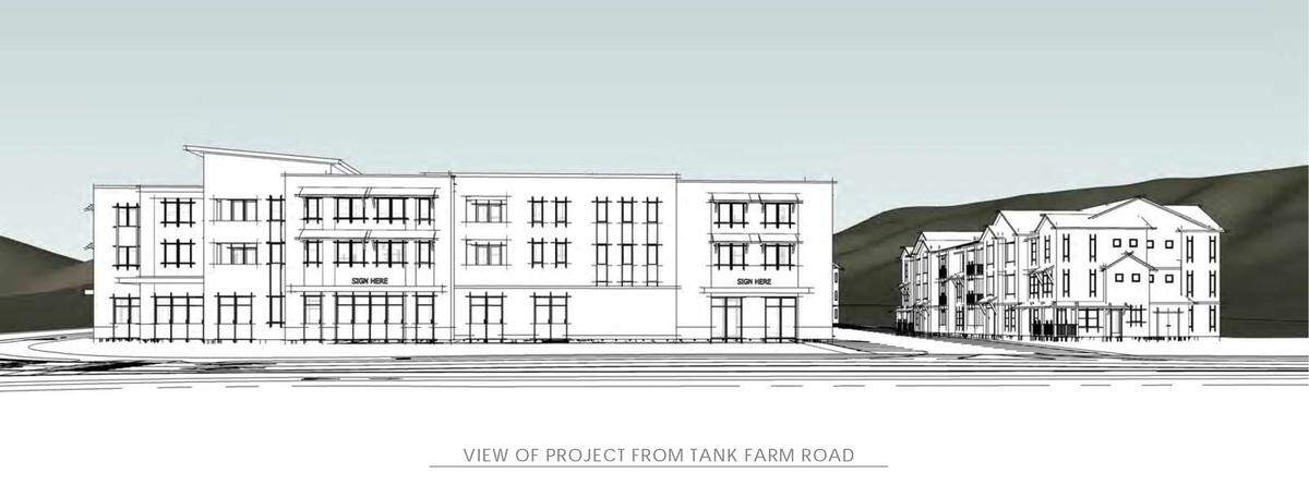 How a 280-unit condominium development planned in San Luis Obispo would look in a view from Tank Farm Road.