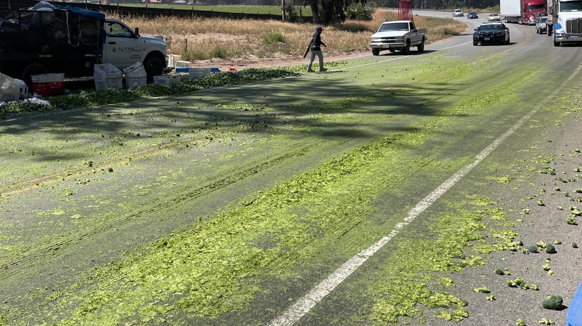 A truck filled with broccoli spilled its contents across Highway 1 outside of Nipomo on Monday, blocking traffic.