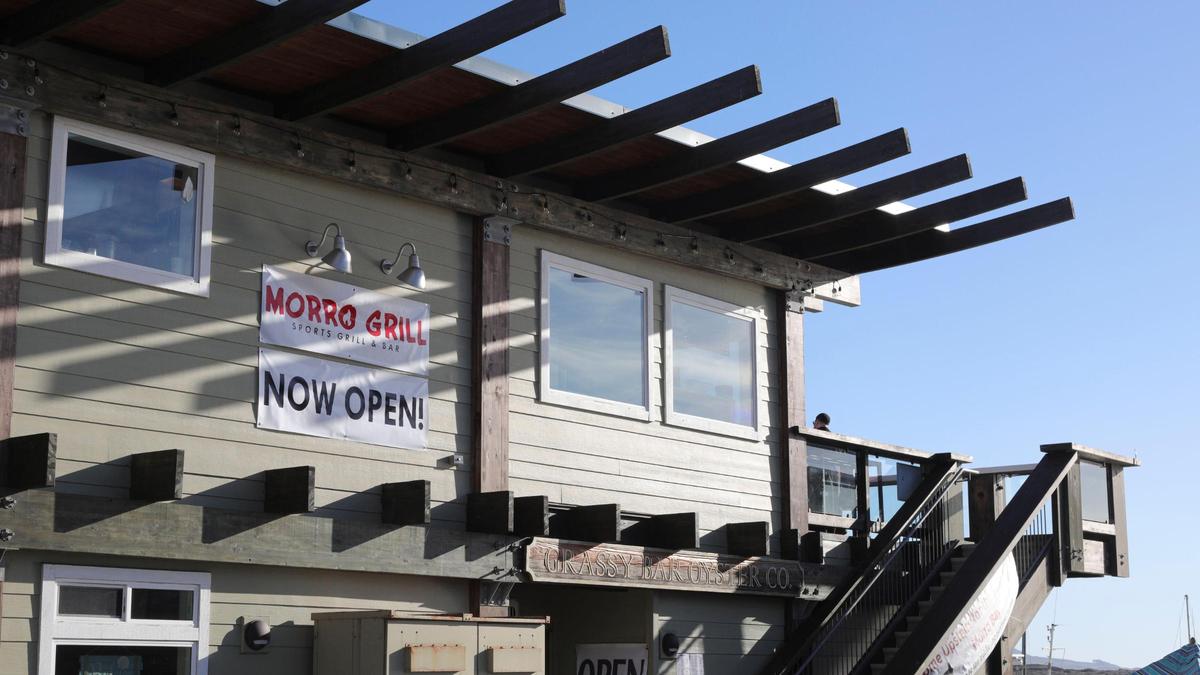 Morro Grill in Morro Bay is on the second floor between the two T piers, as seen here Feb. 9, 2024. The eatery’s dining room and outdoor deck overlook the bay and Morro Rock.