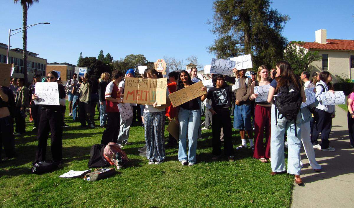 Students gathered on Dexter Lawn at Cal Poly on Jan. 30, 2026, during a national strike to protest Immigration and Customs Enforcement funding and actions. The Cal Poly protest featured over 100 students by 10:38 a.m., with posters reading, “Abolish ICE” and “ICE out of SLO.”