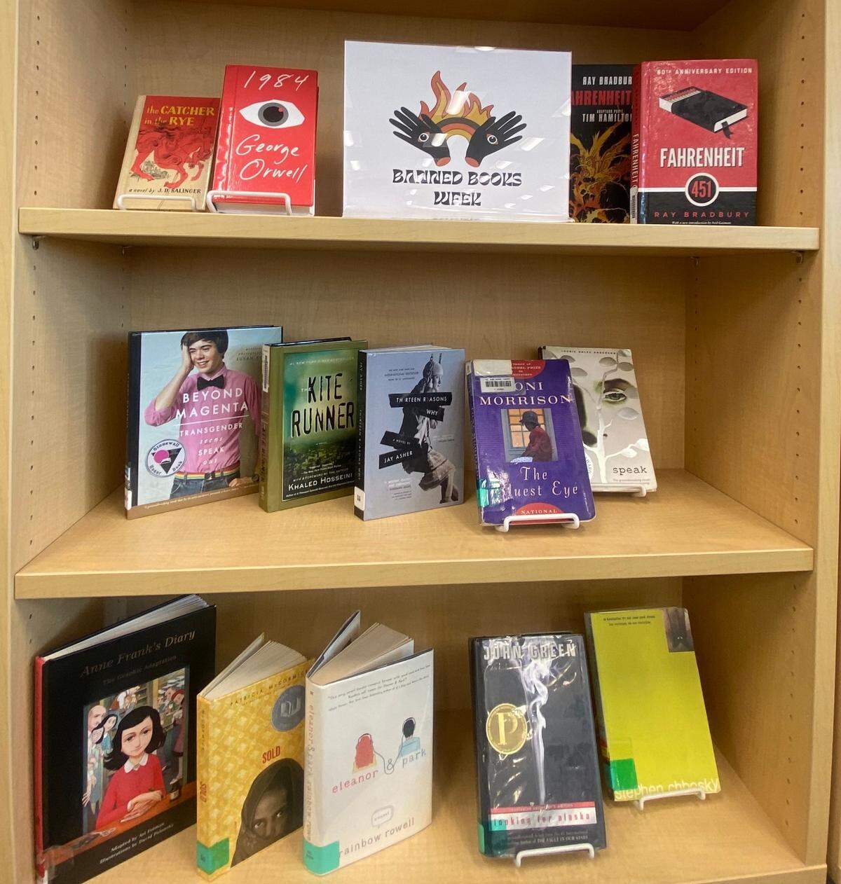 A display at San Luis Obispo High School showcases commonly banned and challenged books, as part of “Banned Books Week.”