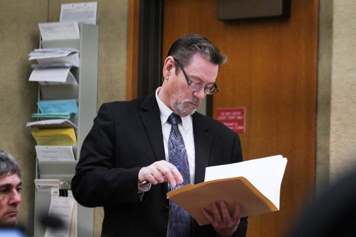 Defense attorney James Askew speaks to the judge during Norman Hibble’s bail reduction hearing in San Luis Obispo Superior Court on Feb. 28, 2024. Hibble is accused of embezzling at least $250,000 from San Luis Obispo County while working in the technology department.