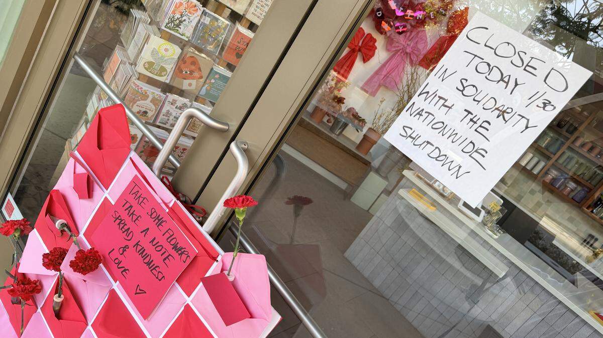 Open Air Flowers in San Luis Obispo was closed Friday, Jan. 30, 2026, in solidarity with the nationwide strike. The shop offering free carnations and notes to “spread kindness and love.”