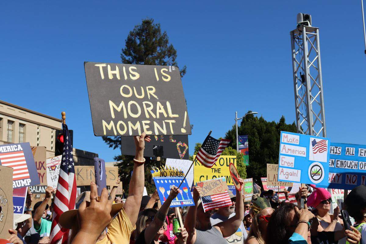 Thousands of people attended the No Kings rally in downtown San Luis Obispo to protest the Trump administration and support Prop. 50 on Oct. 18, 2025.