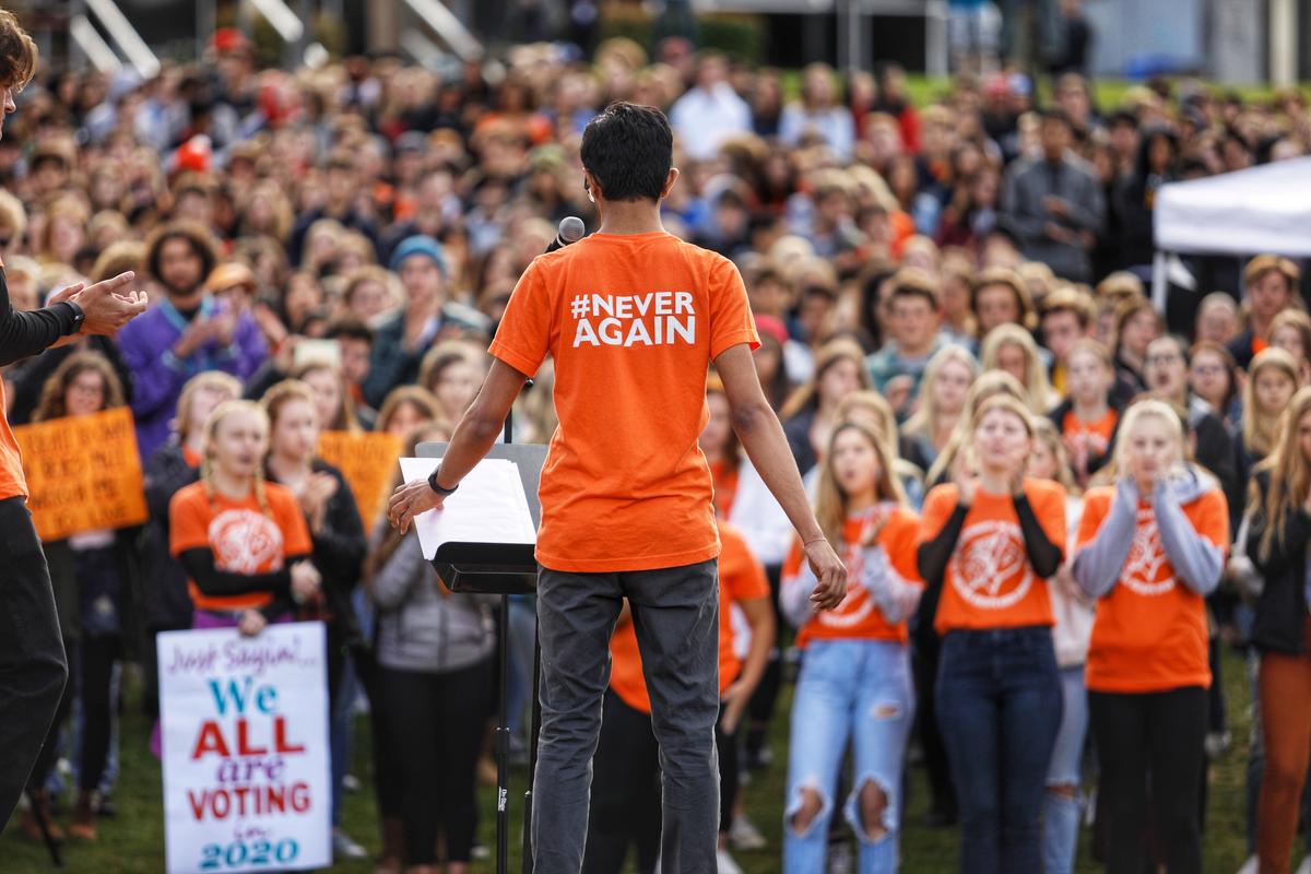 Senior Rutik Shinglot speaks to the hundreds of students who walked out of class at San Luis Obispo High School as part of the National Walkout for Gun Safety.