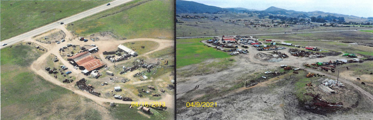 Aerial photographs by the County of San Luis Obispo show how storage at DeVaul’s property has increased from 2013 to 2021.