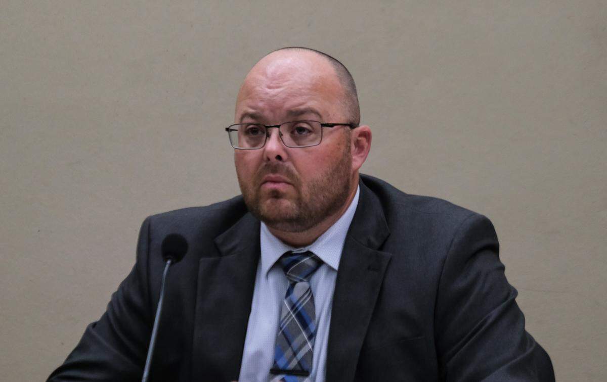 San Luis Obispo Police Department Det. Caleb McCornack testifies in the murder case against Marco Antonio Cota Jr. in San Luis Obispo Superior Court on Feb. 2, 2024. Cota is accused of killing Rick Fowler and jamming sticks into his body on Nov. 20, 2021.