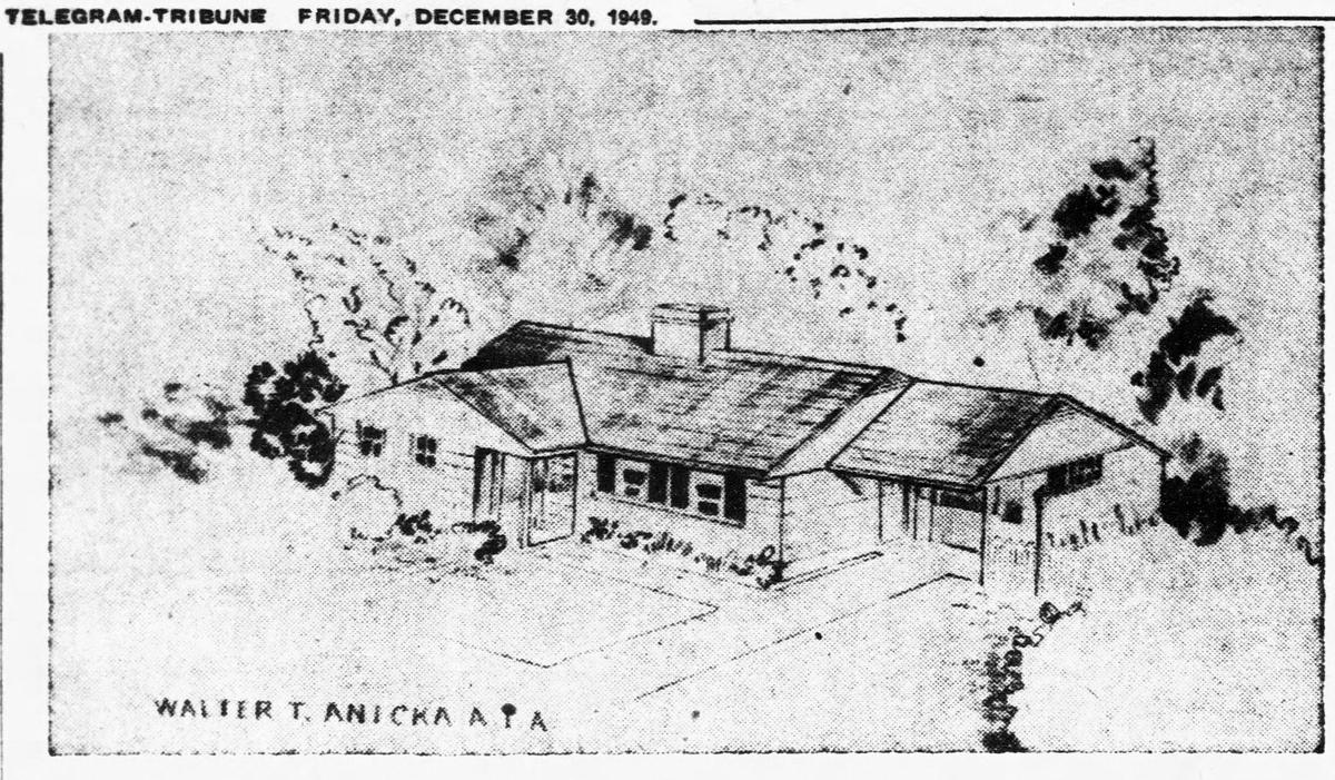 A compact ranch style home plan by Walter Anicka was published in the Telegram-Tribune Dec. 30, 1949. Post-war California was on the leading edge of a housing boom.