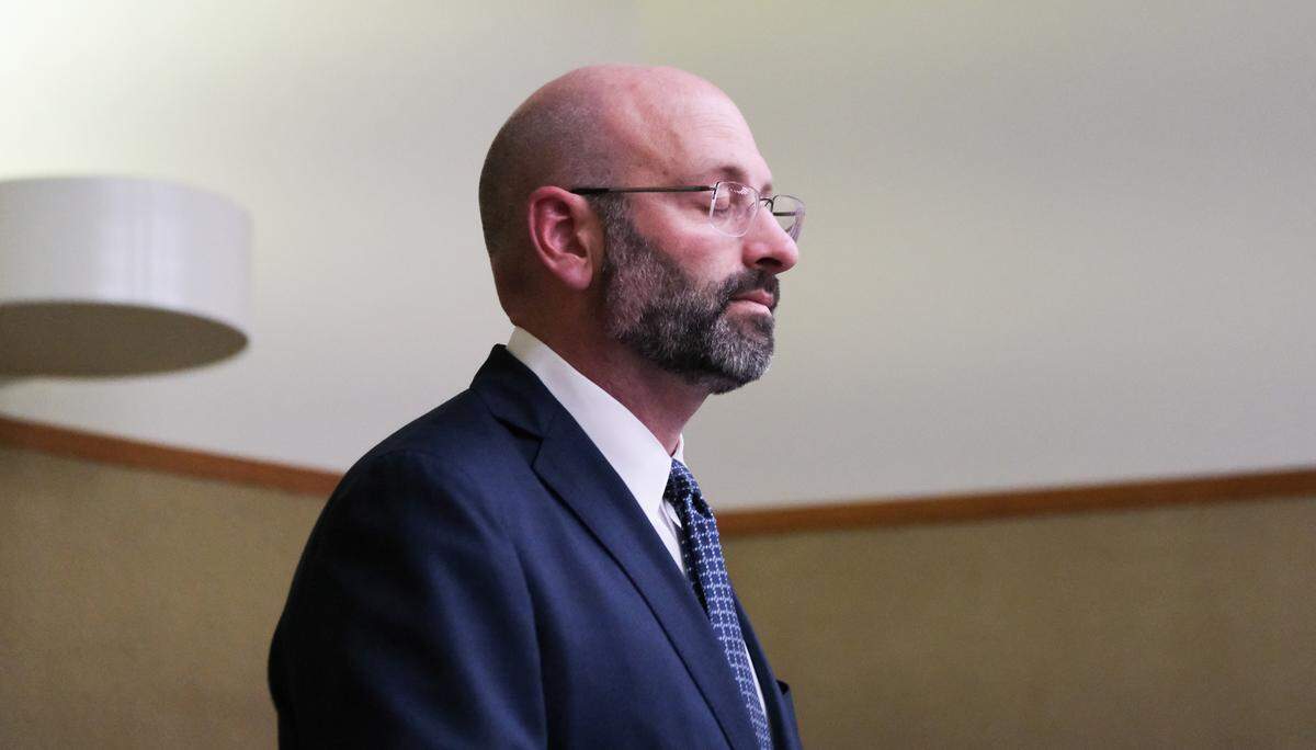 San Luis Obispo County Deputy District Attorney Ben Blumenthal speaks to the judge during Norman Hibble’s bail hearing in San Luis Obispo Superior Court on Feb. 28, 2024. Hibble is accused of embezzling at least $250,000 from San Luis Obispo County while working in the technology department.